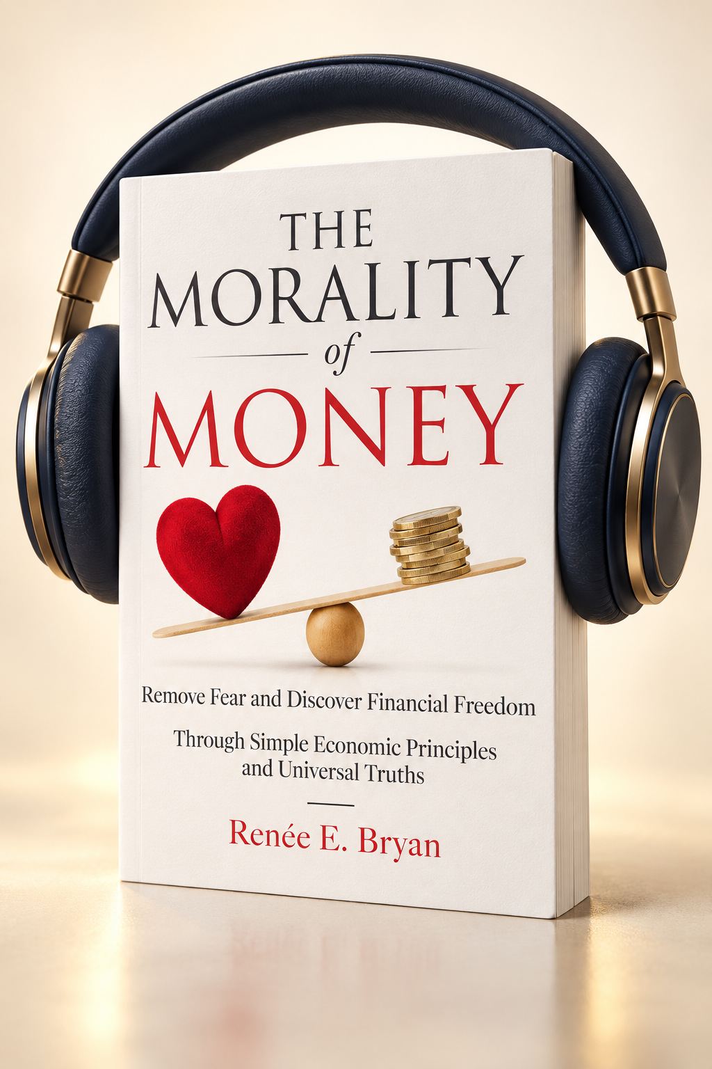 The Morality of Money book wearing navy and gold headphones