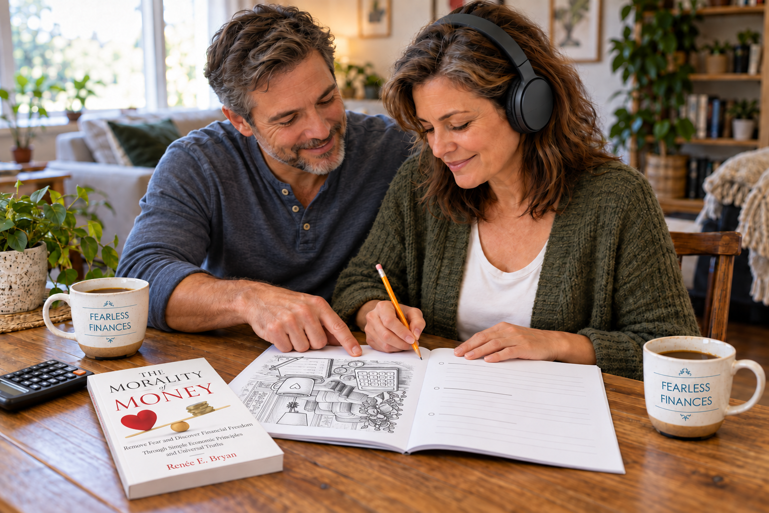 A couple working together on the Financial Guide while listening with headphones