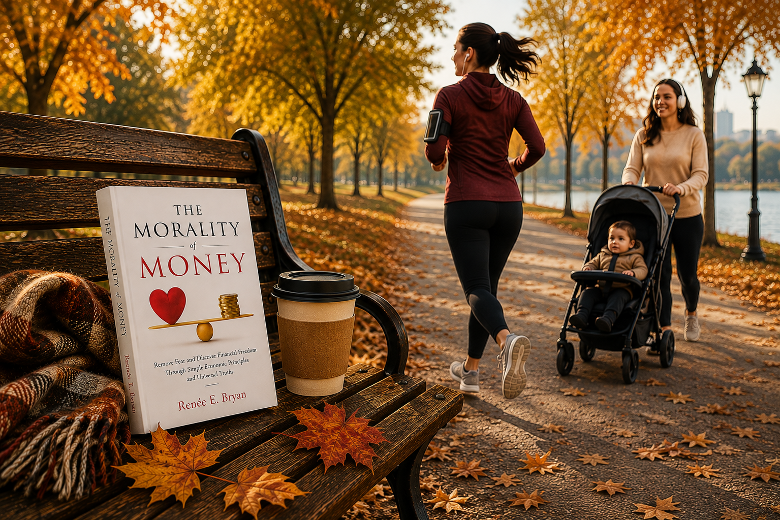 The Morality of Money audiobook with runner and mother listening in an autumn park