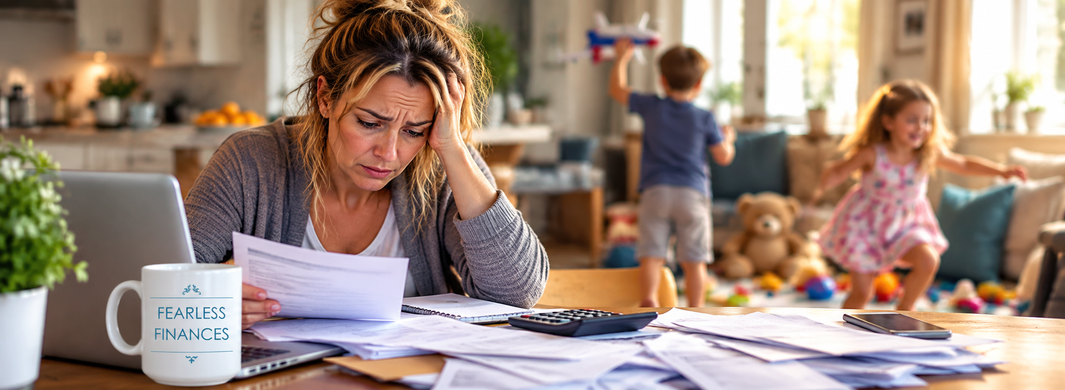 Worried mother reviewing bills while her children play