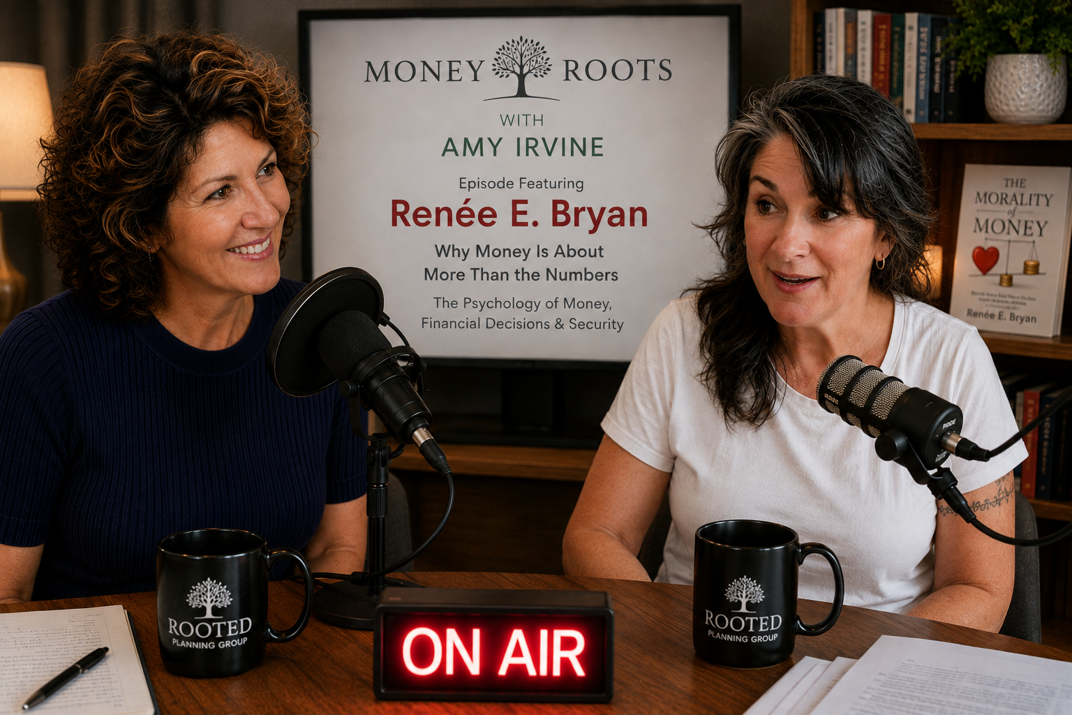 Amy Irvine and Renée E. Bryan discussing the psychology of money on the Money Roots podcast