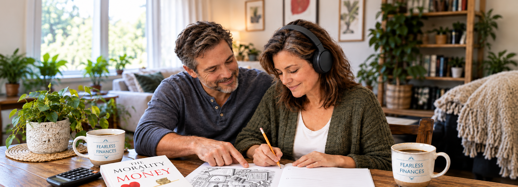 Couple reviewing their finances together with The Morality of Money book and Financial Guide by Renée E. Bryan