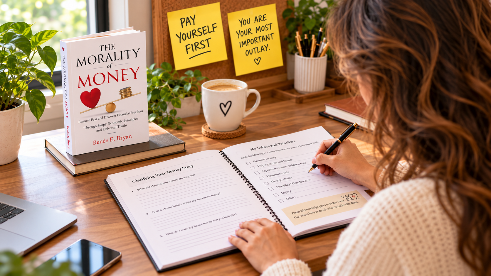 Young woman working in The Morality of Money Financial Guide by Renée E. Bryan, with the book beside her and reminders to pay yourself first.